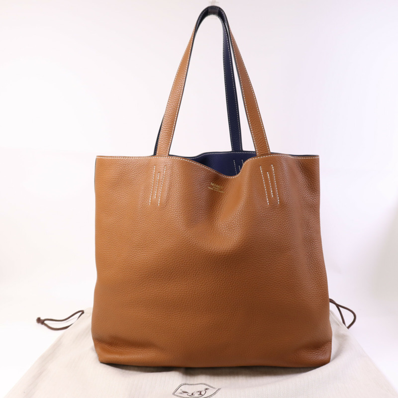 HERMES Clemence皮革Double Sens 45肩背袋/手挽袋Gold/Bleu Encre-8
