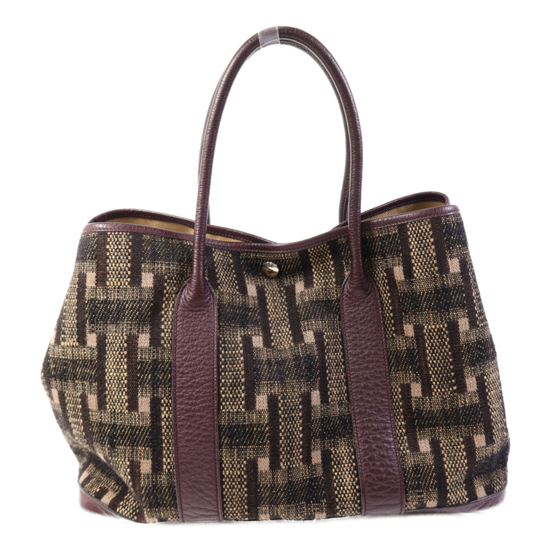 HERMES Wool Fabric/Negonda皮革Garden Party PM銀扣手挽袋Burgundy-1
