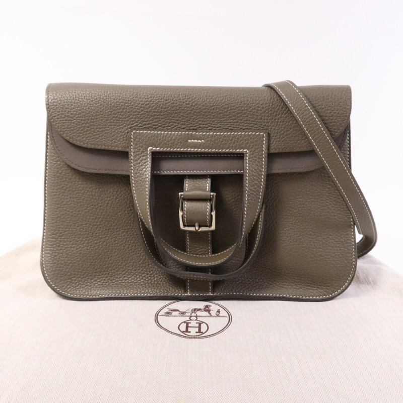 HERMES Swift/Clemence皮革Halzan 31銀扣手挽肩背兩用袋Etain-9