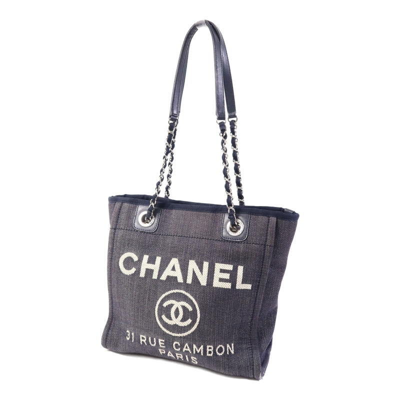 CHANEL 帆布Deauville Tote銀扣肩背袋-2