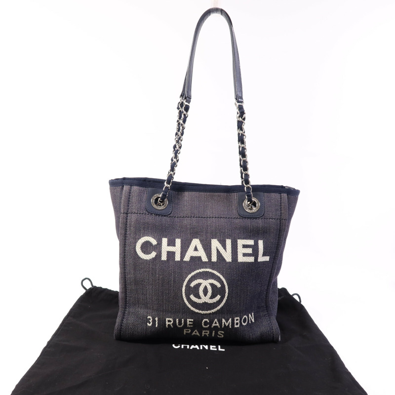 CHANEL 帆布Deauville Tote銀扣肩背袋-9