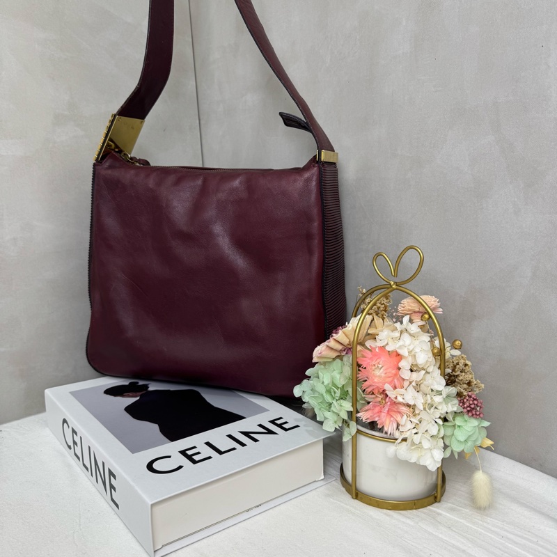 Celine 酒紅色單肩包 vintage 中古-0