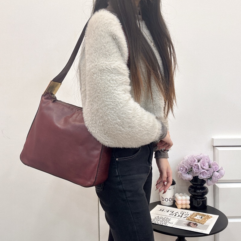 Celine 酒紅色單肩包 vintage 中古-3