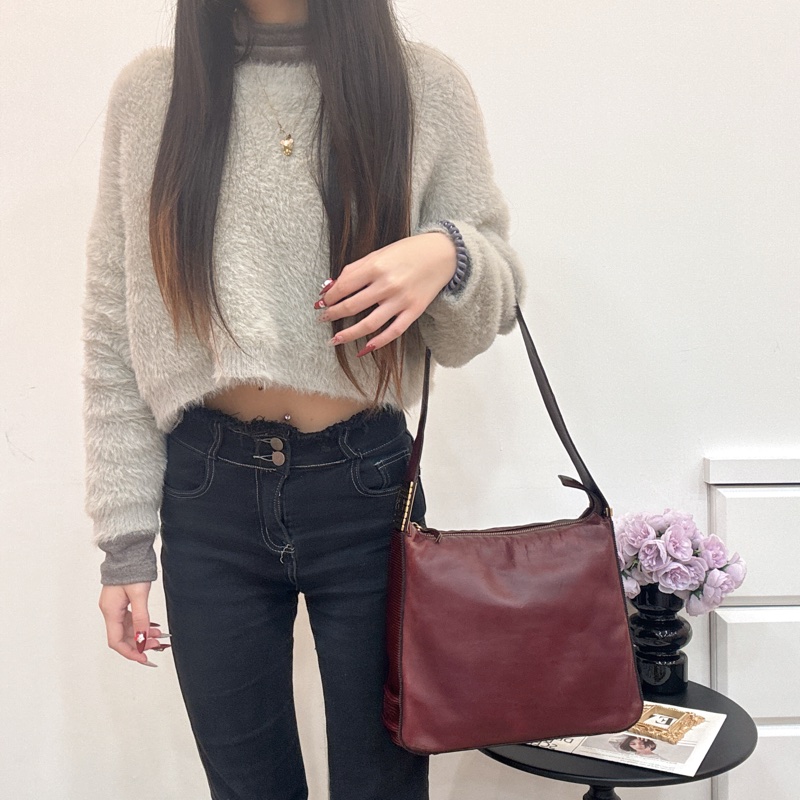 Celine 酒紅色單肩包 vintage 中古-4