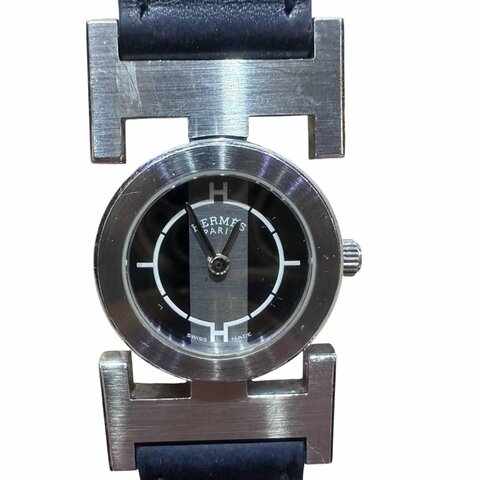 【美收精品】HERMES 雙H銀框黑色黑面磐石英腕錶 4-945