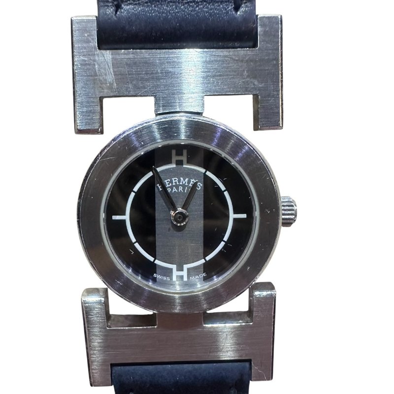 【美收精品】HERMES 雙H銀框黑色黑面磐石英腕錶 4-945-0