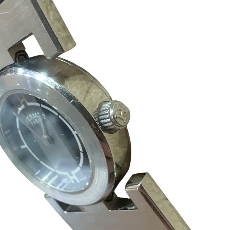 【美收精品】HERMES 雙H銀框黑色黑面磐石英腕錶 4-945-3