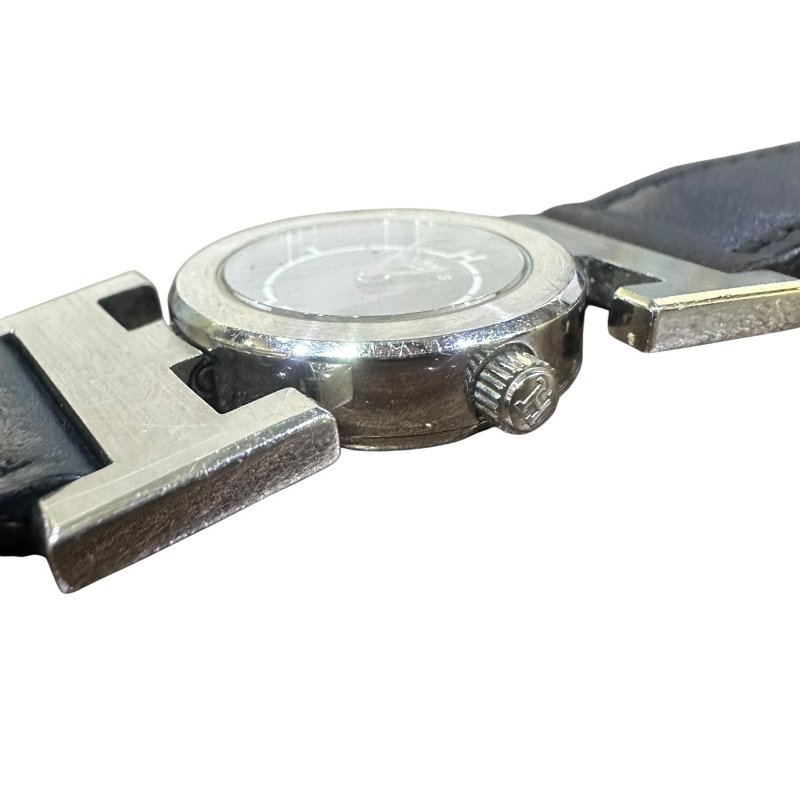 【美收精品】HERMES 雙H銀框黑色黑面磐石英腕錶 4-945-6