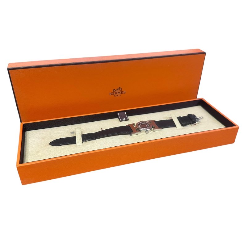 【美收精品】HERMES 雙H銀框黑色黑面磐石英腕錶 4-945-8