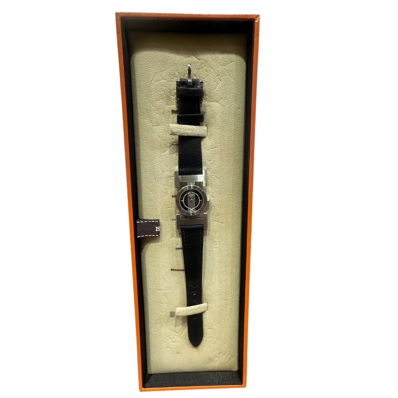 【美收精品】HERMES 雙H銀框黑色黑面磐石英腕錶 4-945-9