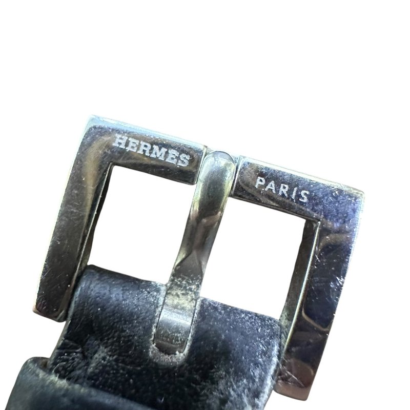 【美收精品】HERMES 雙H銀框黑色黑面磐石英腕錶 4-945-12