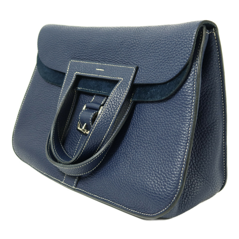 HERMES Clemence皮革Halzan 31銀扣手挽肩背兩用袋Bleu Encre-3