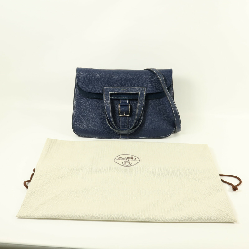 HERMES Clemence皮革Halzan 31銀扣手挽肩背兩用袋Bleu Encre-9