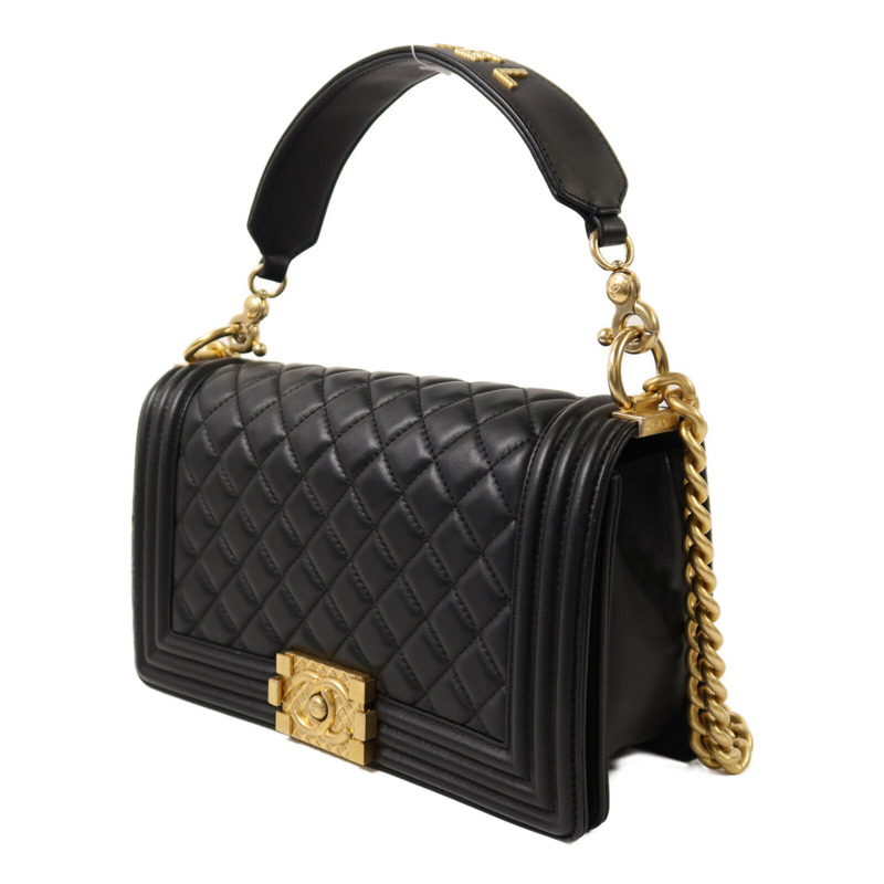 CHANEL 羊皮皮革Boy 25金扣鏈帶手挽肩背兩用袋-2