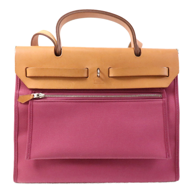 HERMES 帆布Herbag PM銀扣手挽肩背兩用袋Rose Purple-1