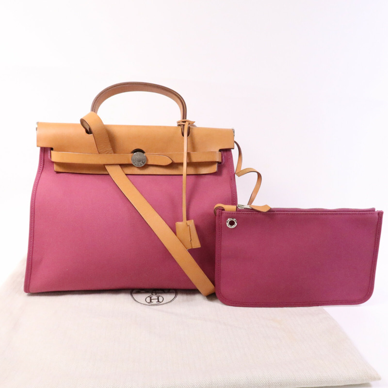 HERMES 帆布Herbag PM銀扣手挽肩背兩用袋Rose Purple-9