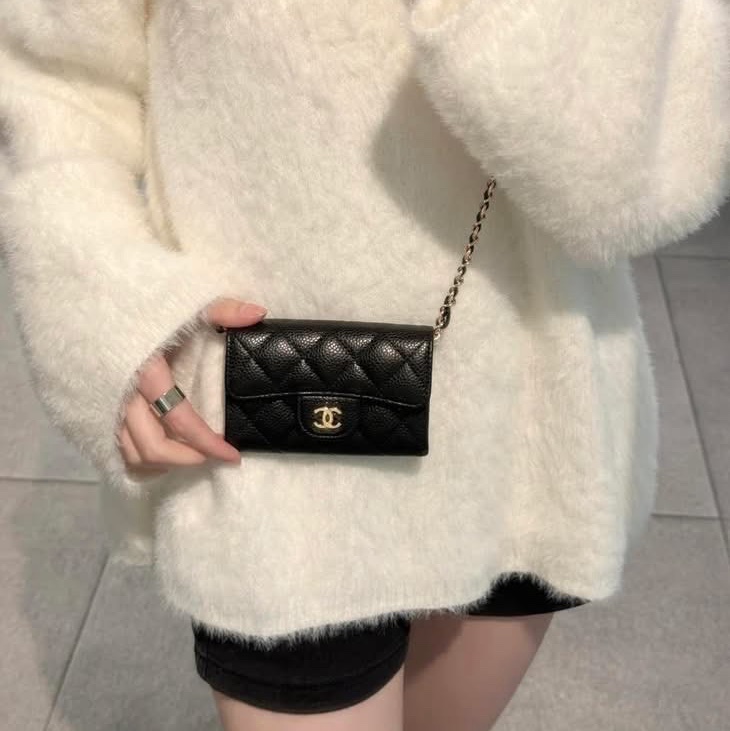 全新全配Chanel 黑金荔枝皮 經典口蓋卡片夾 / 零錢包-1