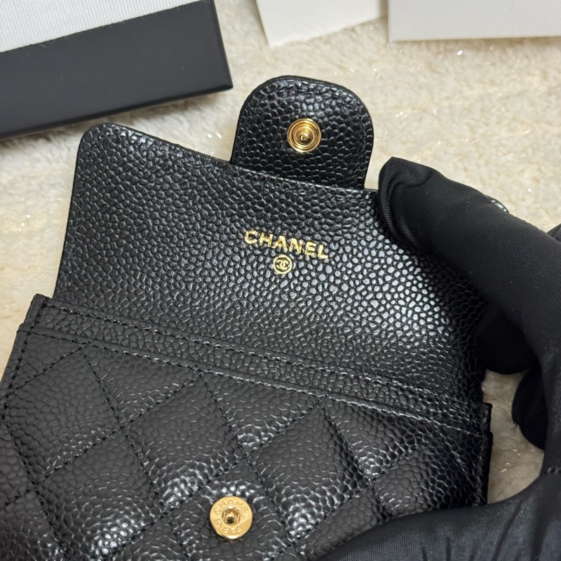 全新全配Chanel 黑金荔枝皮 經典口蓋卡片夾 / 零錢包-10