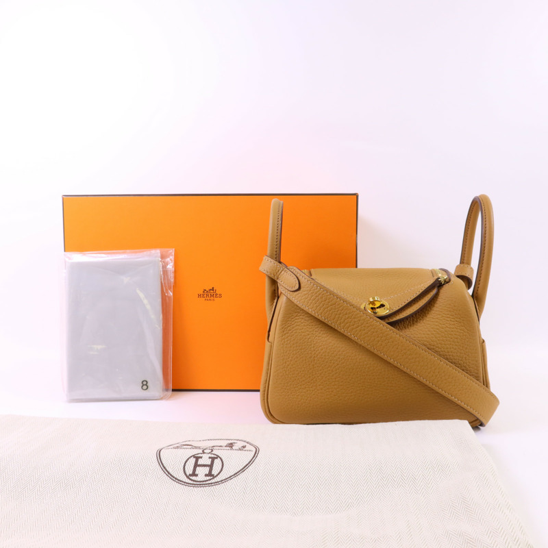 HERMES Clemence皮革Mini Lindy金扣手挽肩背兩用袋Biscuit-9