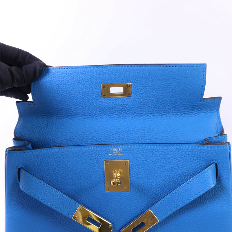 HERMES Epsom皮革Kelly 28金扣手挽肩背兩用袋Bleu Zanzibar-17