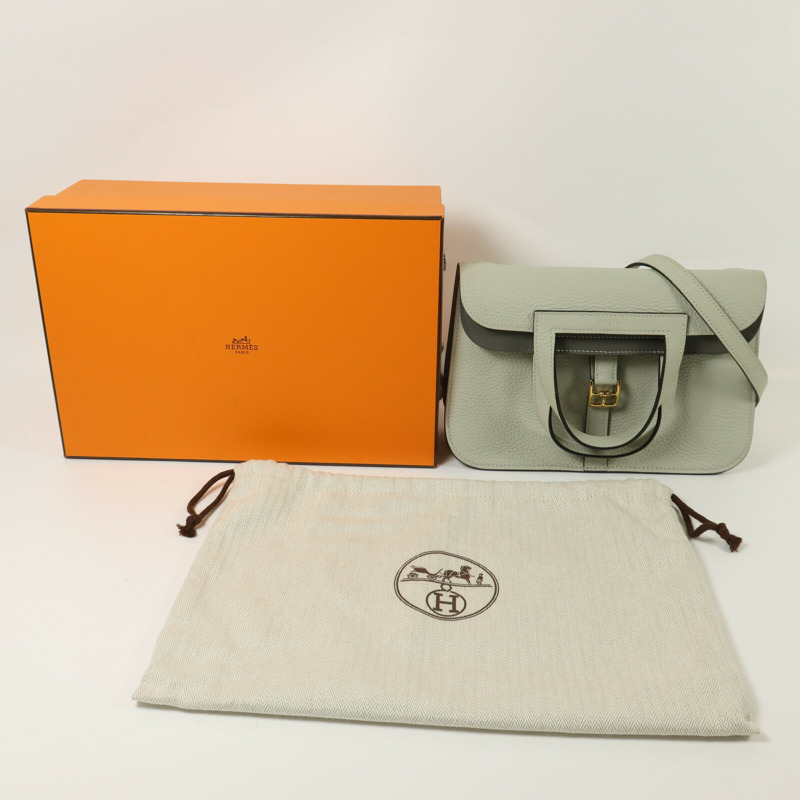 HERMES Clemence皮革Halzan 25金扣手挽肩背兩用袋Gris Neve/Gris Meyer-9