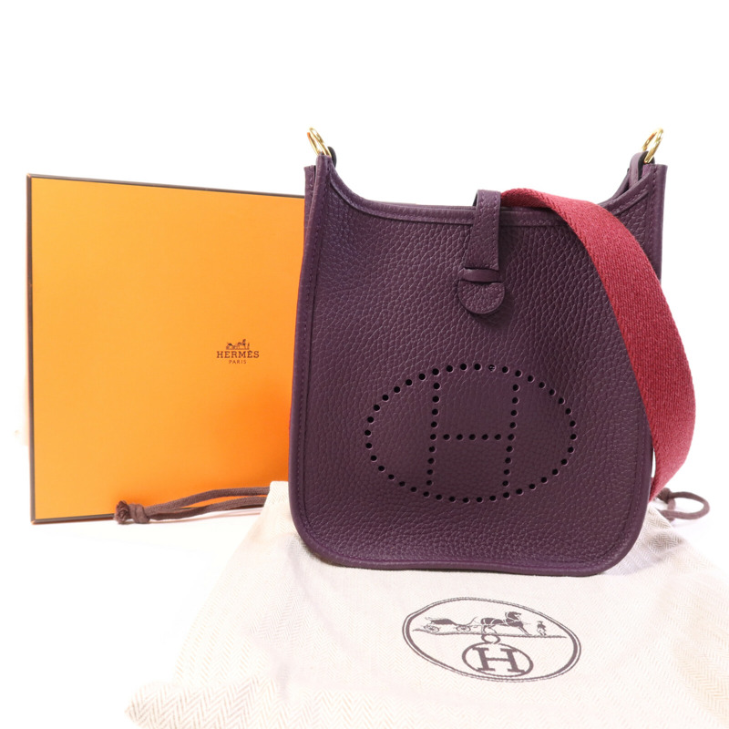 HERMES Clemence皮革Evelyne TPM金扣肩背袋Cassis/Rouge Grenat-9