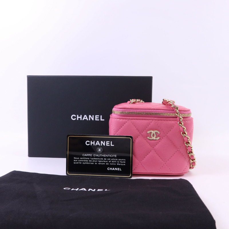 CHANEL 牛皮皮革Vanity Case Mini金扣鏈帶肩背袋-15