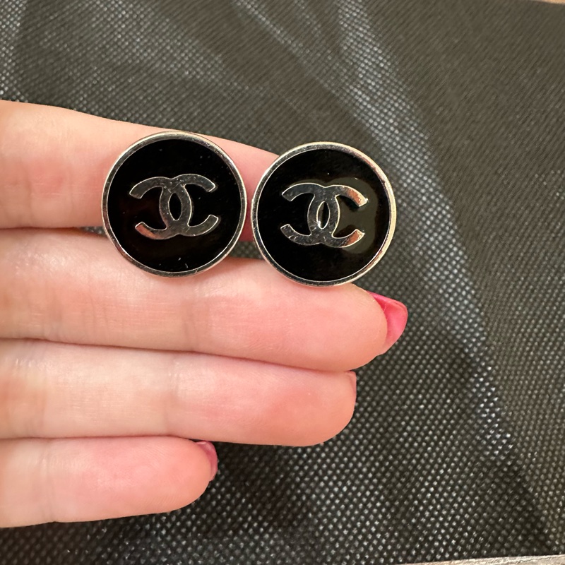 Chanel 圓框雙C Vintage耳環 夾式 黑銀-0