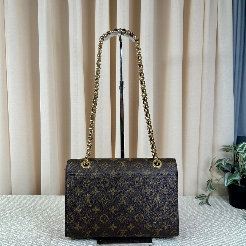 LV路易威登維多利亞鏈條包 老花拼紅色牛皮 金色滾珠鏈條 經典款 可單肩斜挎 容量實用 日常百搭-1