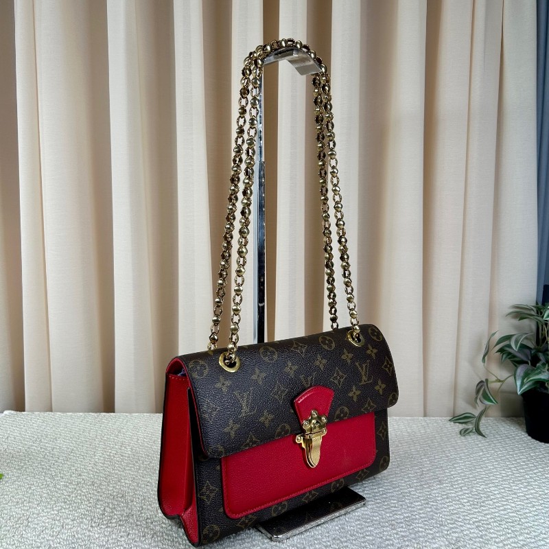 LV路易威登維多利亞鏈條包 老花拼紅色牛皮 金色滾珠鏈條 經典款 可單肩斜挎 容量實用 日常百搭-2