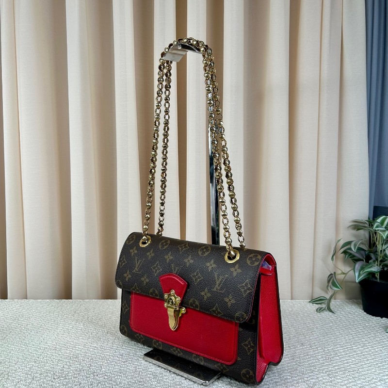 LV路易威登維多利亞鏈條包 老花拼紅色牛皮 金色滾珠鏈條 經典款 可單肩斜挎 容量實用 日常百搭-3