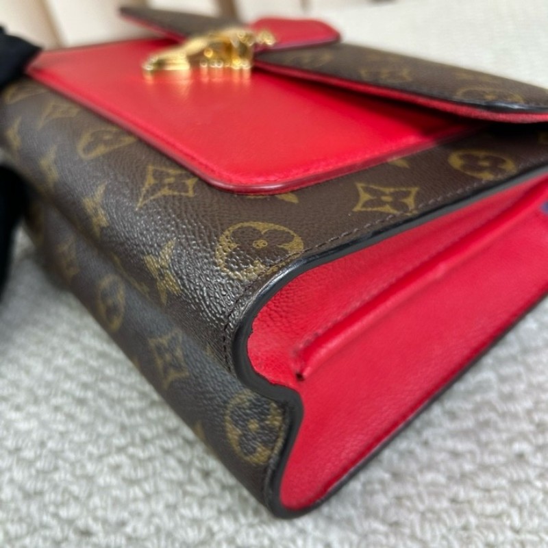 LV路易威登維多利亞鏈條包 老花拼紅色牛皮 金色滾珠鏈條 經典款 可單肩斜挎 容量實用 日常百搭-8