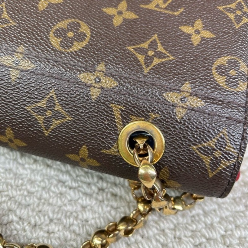 LV路易威登維多利亞鏈條包 老花拼紅色牛皮 金色滾珠鏈條 經典款 可單肩斜挎 容量實用 日常百搭-14