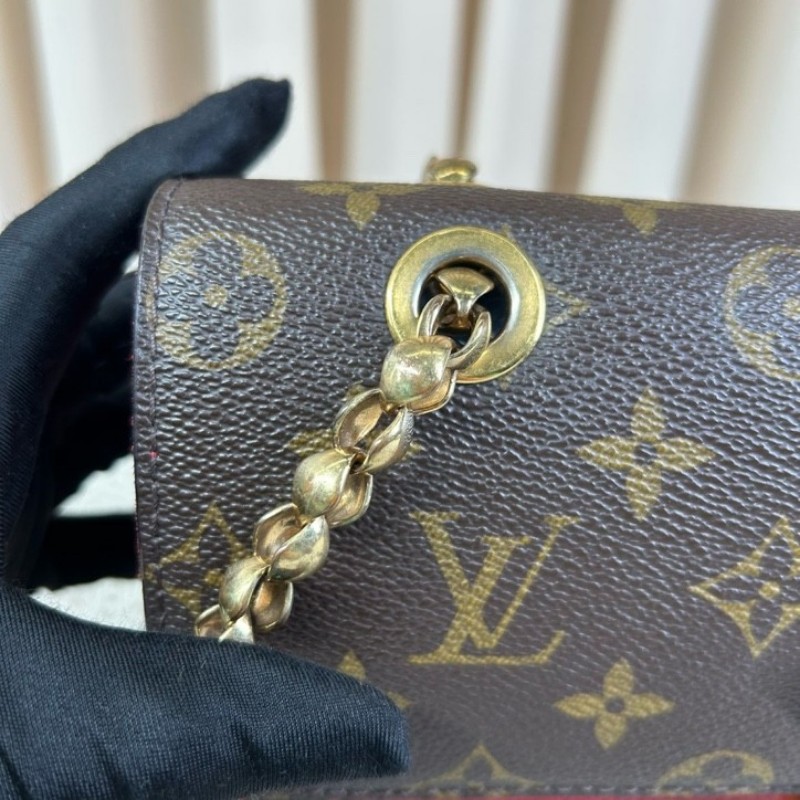 LV路易威登維多利亞鏈條包 老花拼紅色牛皮 金色滾珠鏈條 經典款 可單肩斜挎 容量實用 日常百搭-17