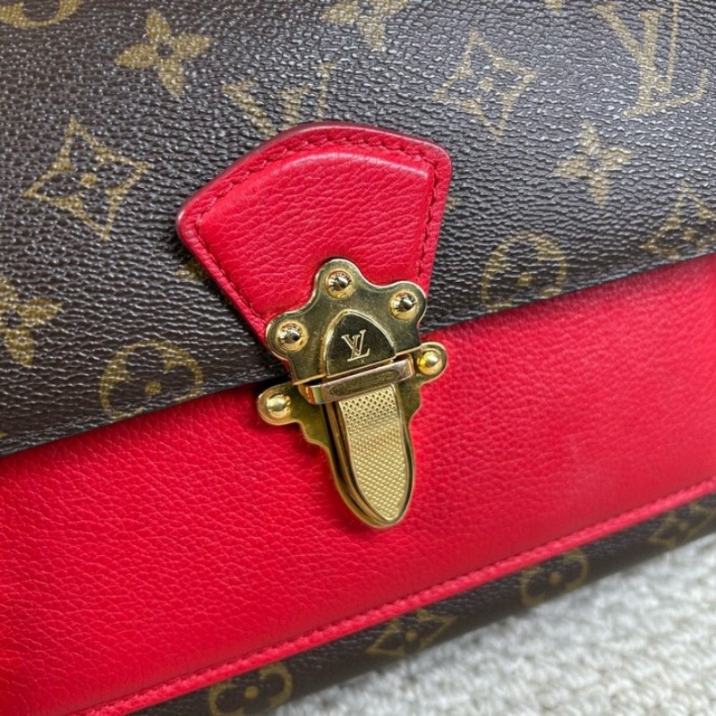 LV路易威登維多利亞鏈條包 老花拼紅色牛皮 金色滾珠鏈條 經典款 可單肩斜挎 容量實用 日常百搭-21