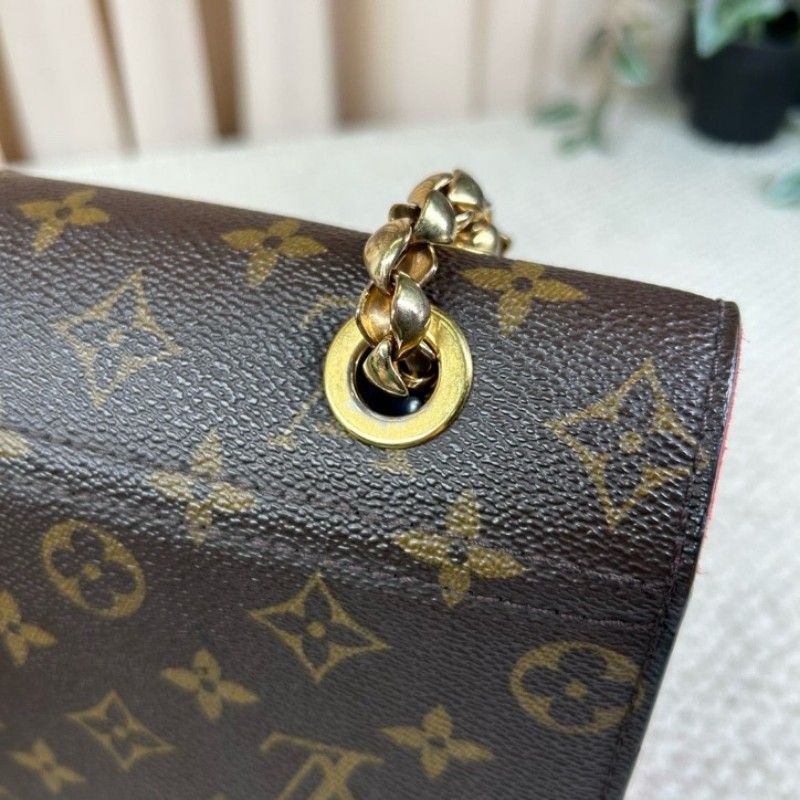 LV路易威登維多利亞鏈條包 老花拼紅色牛皮 金色滾珠鏈條 經典款 可單肩斜挎 容量實用 日常百搭-22