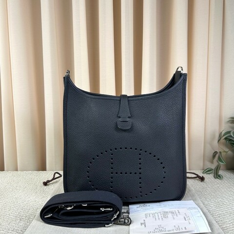 ZZZ HERMES愛馬仕黑銀伊芙琳單肩斜挎包 W刻 有肩帶 容量實用