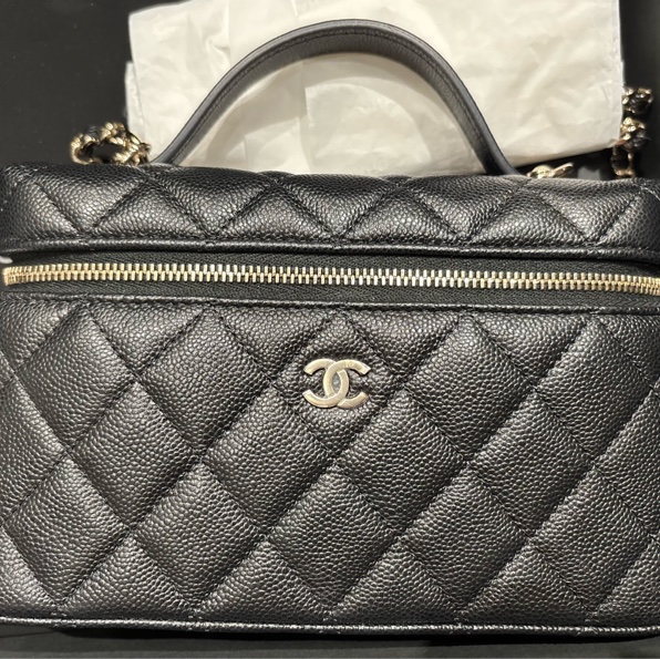 Chanel 全新 LP飯盒包 黑淡金 魚子醬牛皮 全新閑置小C釦-9