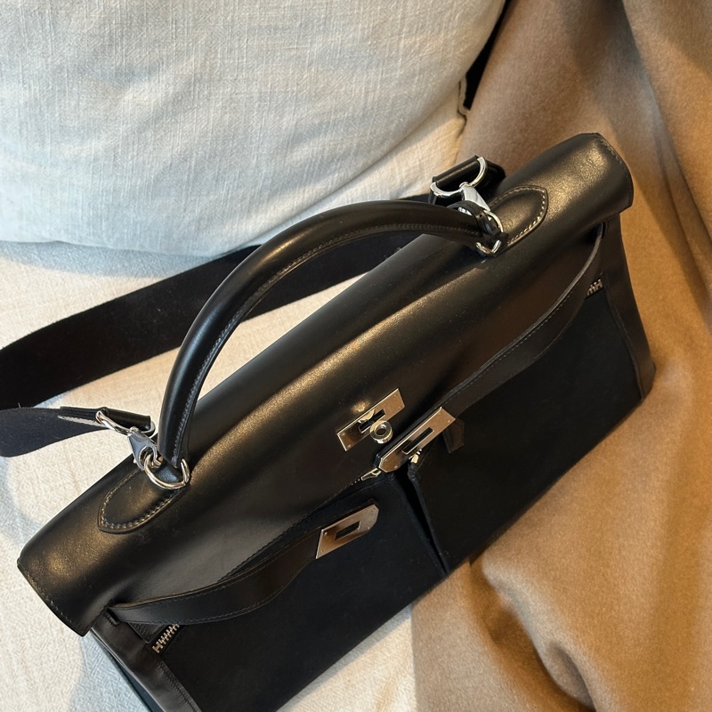 Hermès 愛馬仕Lakis35 Box皮拼帆布 黑金 框L刻 配皮護理過 成色如圖 現貨-0