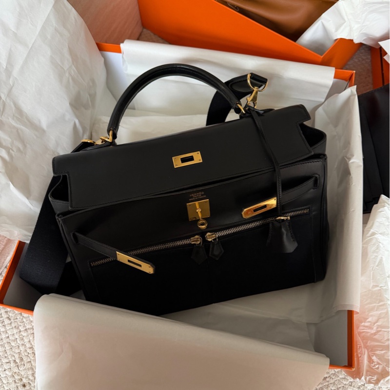 Hermès 愛馬仕Lakis35 Box皮拼帆布 黑金 框L刻 配皮護理過 成色如圖 現貨-1