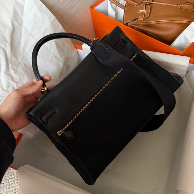 Hermès 愛馬仕Lakis35 Box皮拼帆布 黑金 框L刻 配皮護理過 成色如圖 現貨-3
