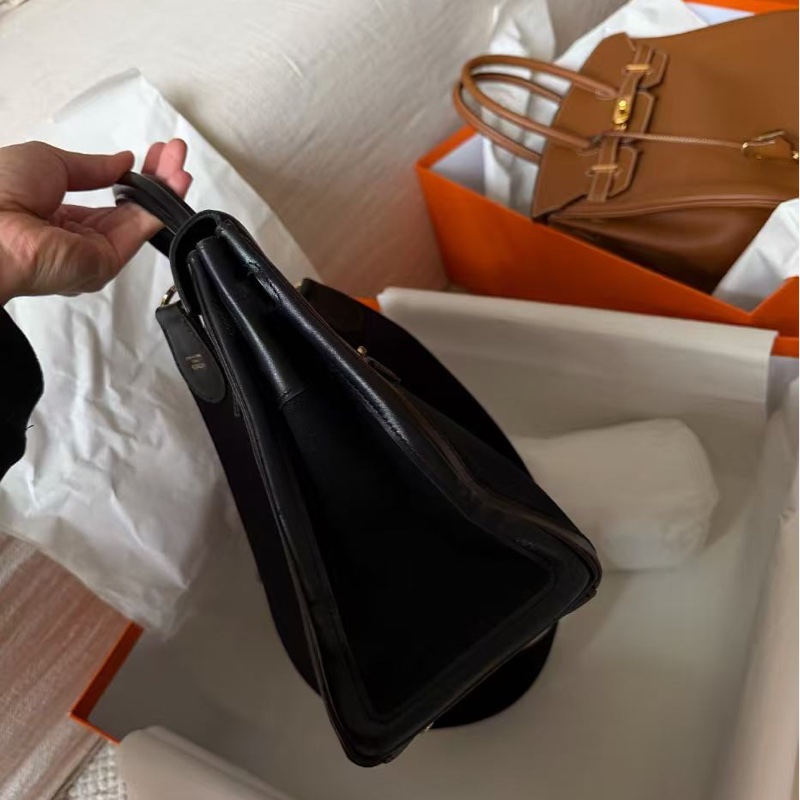 Hermès 愛馬仕Lakis35 Box皮拼帆布 黑金 框L刻 配皮護理過 成色如圖 現貨-4