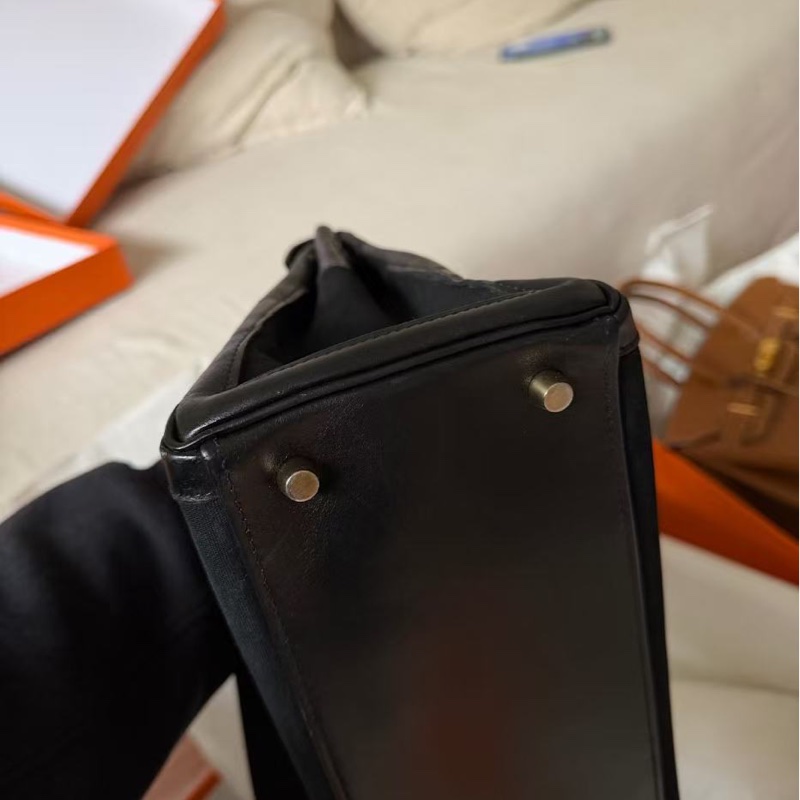 Hermès 愛馬仕Lakis35 Box皮拼帆布 黑金 框L刻 配皮護理過 成色如圖 現貨-6