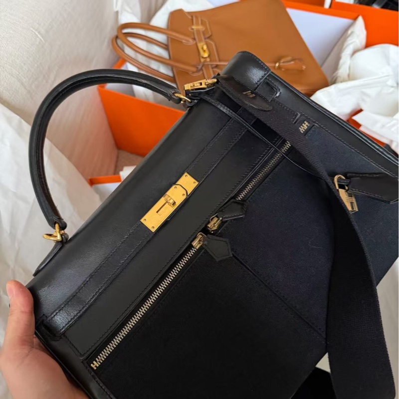 Hermès 愛馬仕Lakis35 Box皮拼帆布 黑金 框L刻 配皮護理過 成色如圖 現貨-7