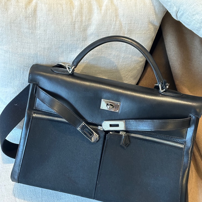 Hermès 愛馬仕Kelly Lakis40 黑銀Box皮拼帆布 框K刻 全原無護理 停產款 成色如圖 現貨-0
