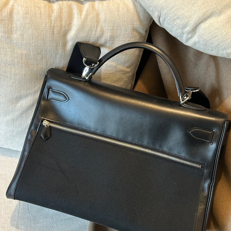 Hermès 愛馬仕Kelly Lakis40 黑銀Box皮拼帆布 框K刻 全原無護理 停產款 成色如圖 現貨-7