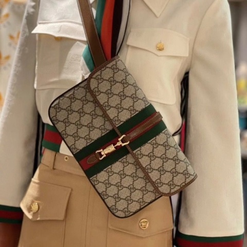 Gucci Jackie 1961系列 老花拼經典條紋 胸包/腰包/郵差包 24*15*4 98新配件塵袋