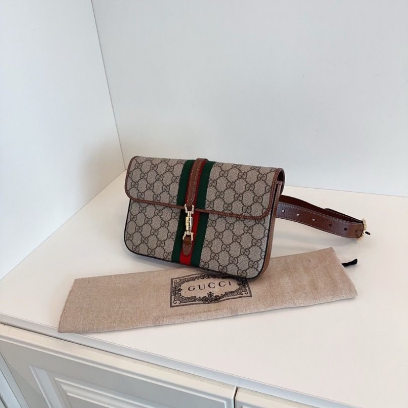 Gucci Jackie 1961系列 老花拼經典條紋 胸包/腰包/郵差包 24*15*4 98新配件塵袋-4