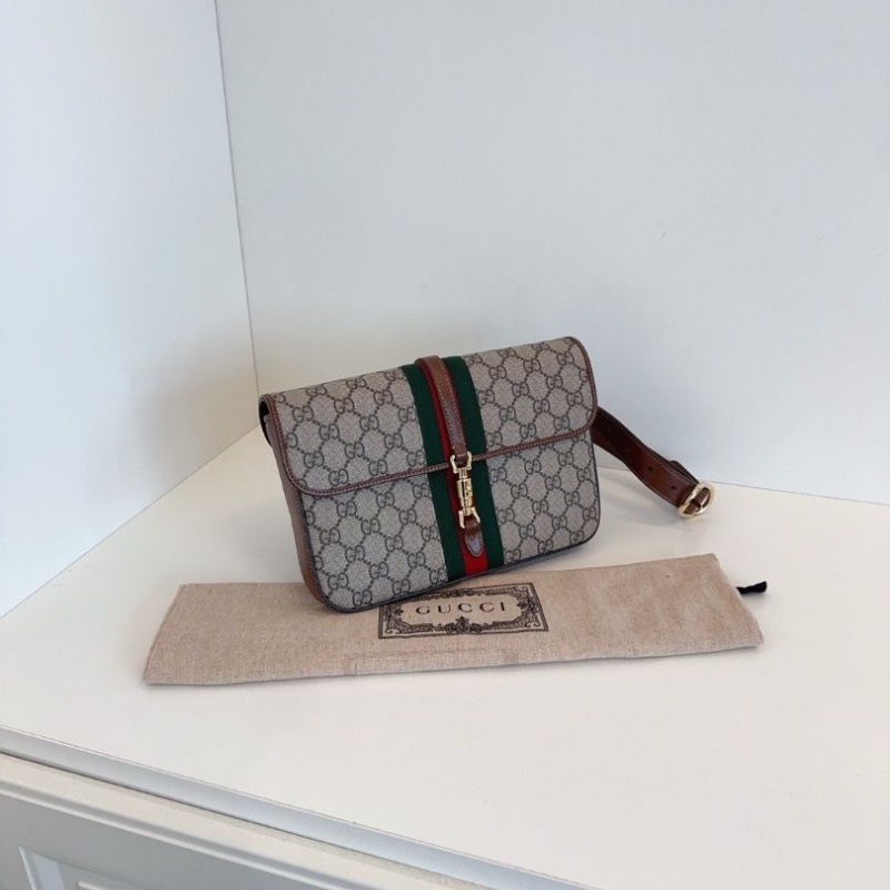 Gucci Jackie 1961系列 老花拼經典條紋 胸包/腰包/郵差包 24*15*4 98新配件塵袋-6