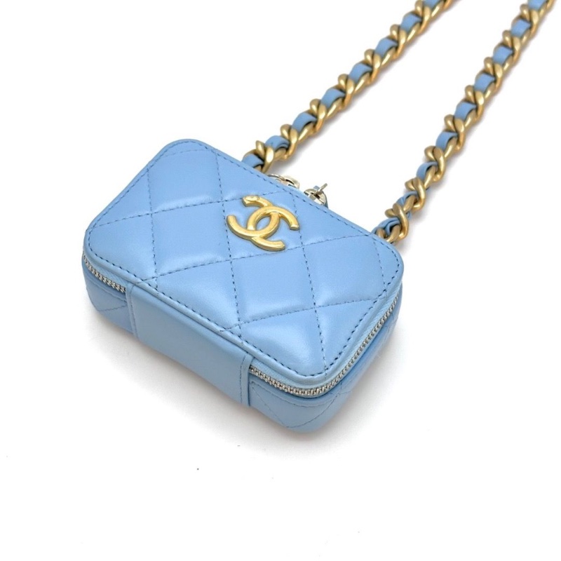 CHANEL 22S天藍色金扣mini斜背相機包11*7*4.5 99新配件盒子塵袋-1
